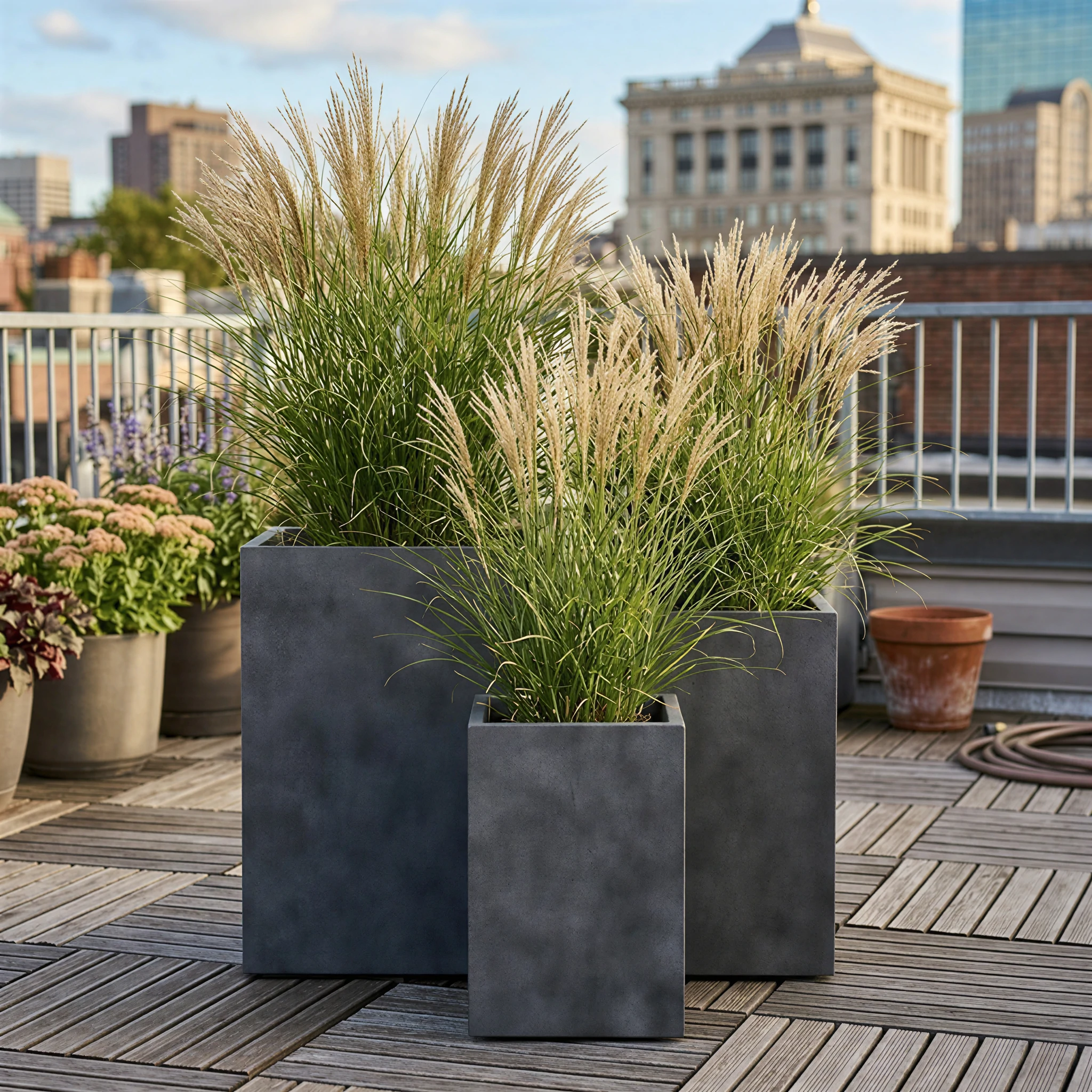 RF-2041 charcoal square GFRC planters with ornamental grasses arranged on a commercial rooftop deck